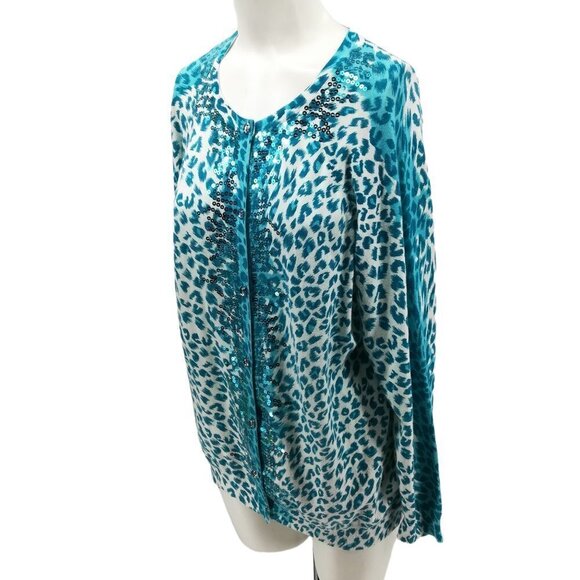 Quacker Factory Blue Leopard Print Sequin Lightweight Cardigan Sweater Size S - Picture 8 of 12